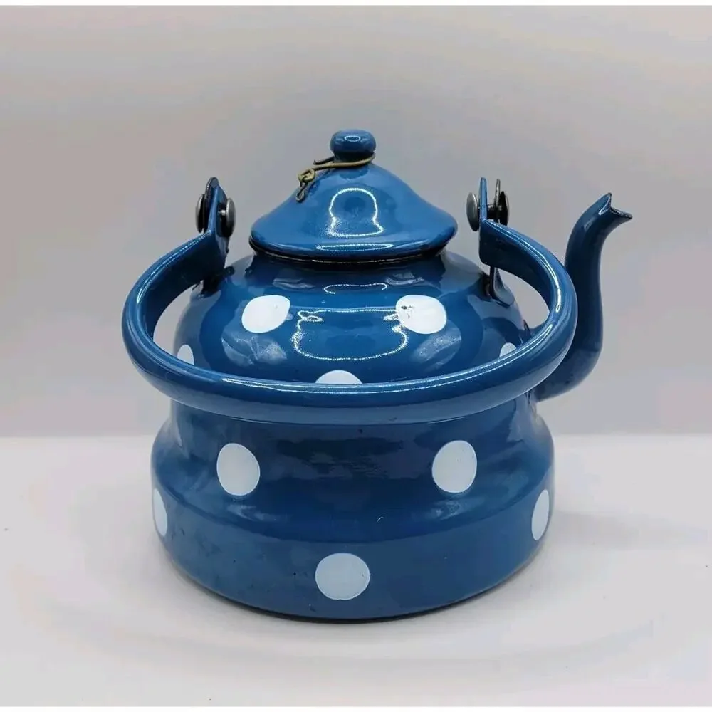 Vintage Graniteware Blue & White Polka Dots Enamel Gooseneck Swing Handle Teapot